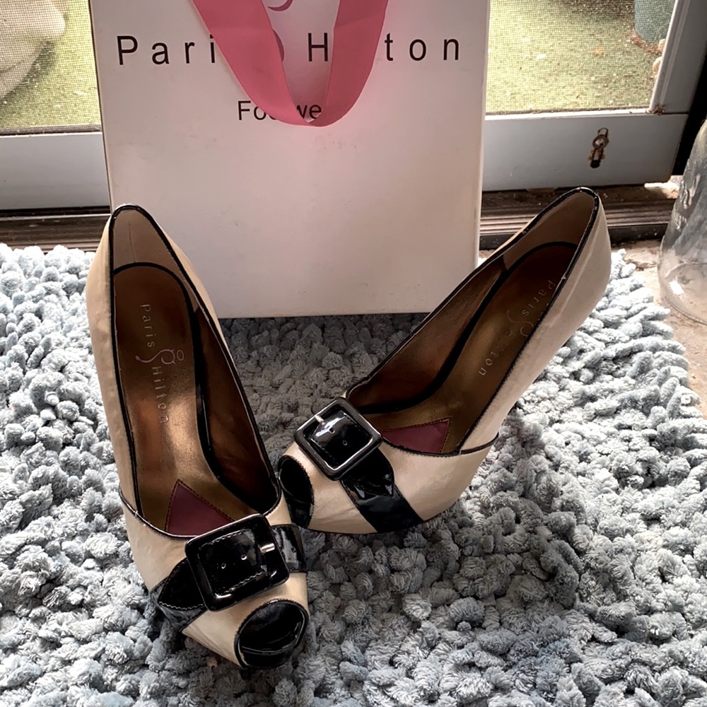 Paris Hilton satin & leather buckle peep toe heels